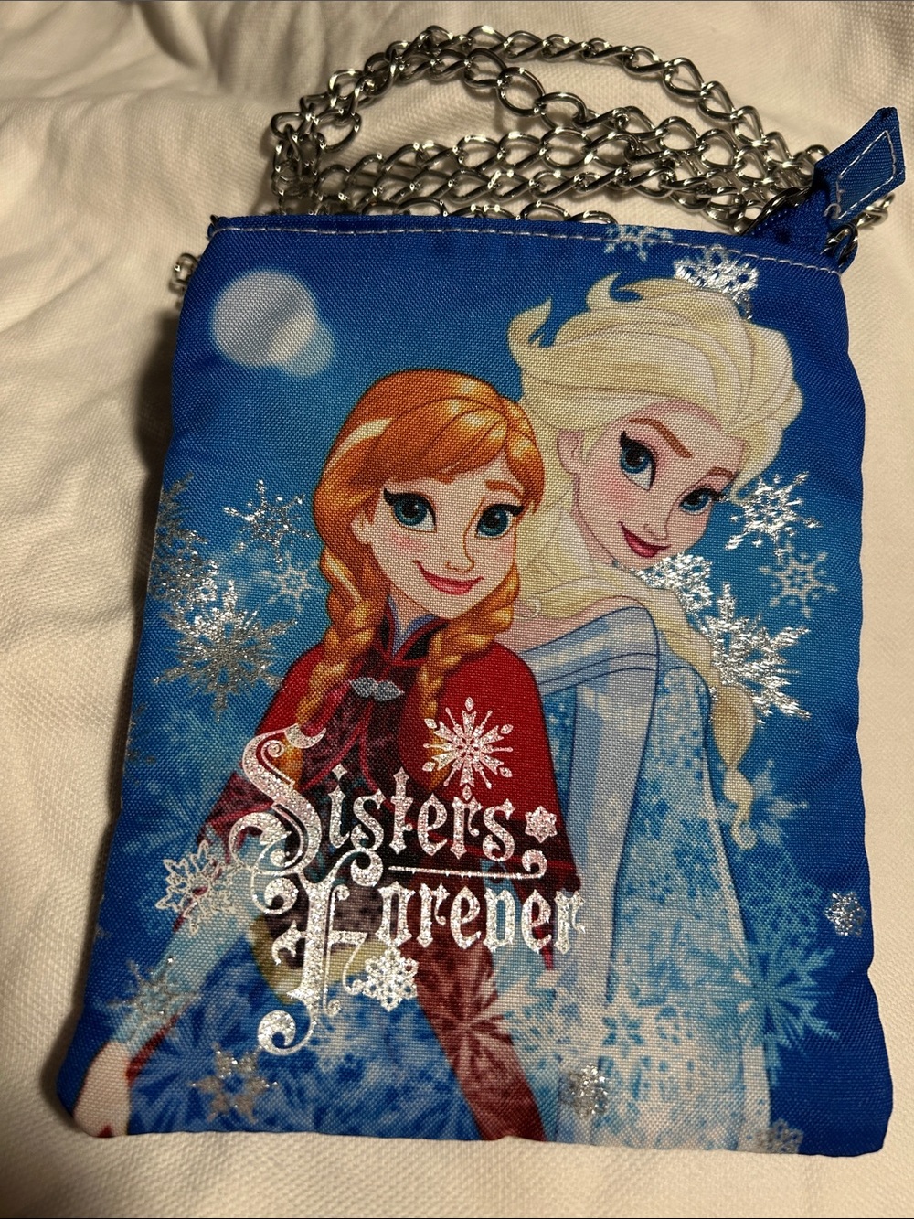 Disney Small Blue Anna & Elsa Snowflake Shoulder Bag with Silver Chain